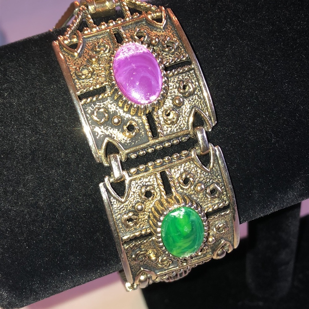 Sarah Coventry Vintage Ornate Link Bracelet with Colored Cabochons - Picture 5 of 8